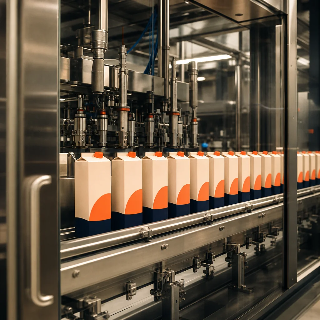 An enclosed stainless steel aseptic filling line filling a row of identical cartons behind glass on a clean production line.