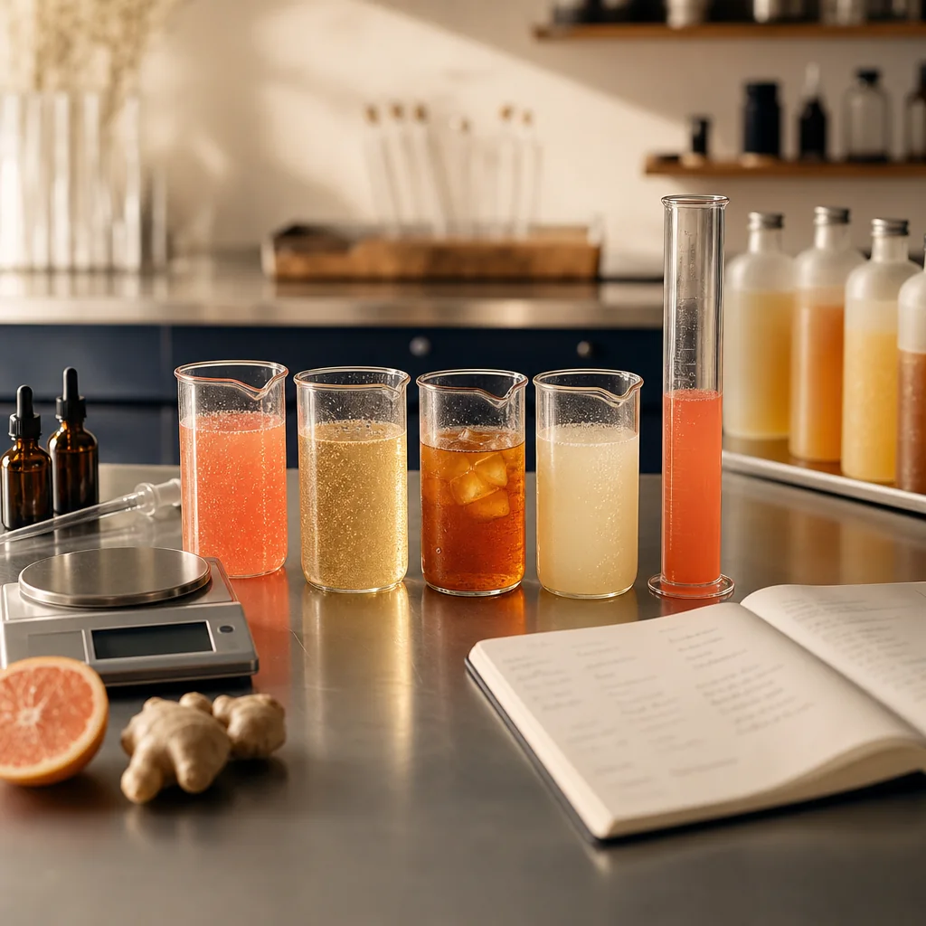 A beverage formulation bench with a row of graduated beakers holding colored trial batches, a tall graduated cylinder, a precision scale, dropper bottles, a grapefruit half and ginger, and an open notebook of formula notes.