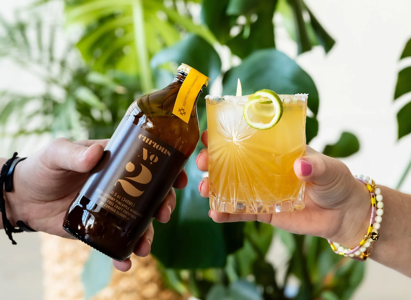 A Curious Elixirs non-alcoholic cocktail bottle and a finished cocktail glass raised in a toast.