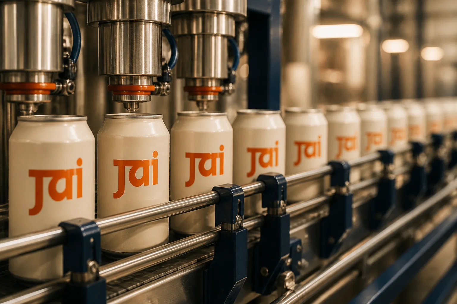 A row of JAI-branded aluminum cans being filled and sealed on a co-packing line at a contract manufacturer.