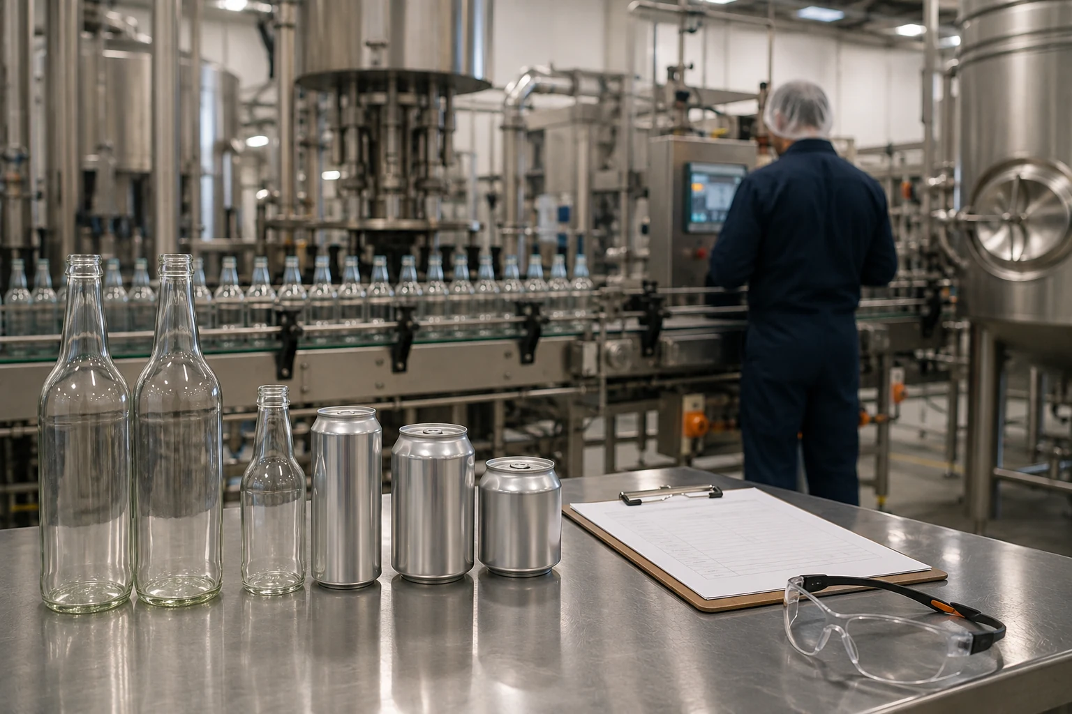 Unbranded glass bottles and aluminum cans beside a production checklist and safety glasses at a beverage contract bottling facility.