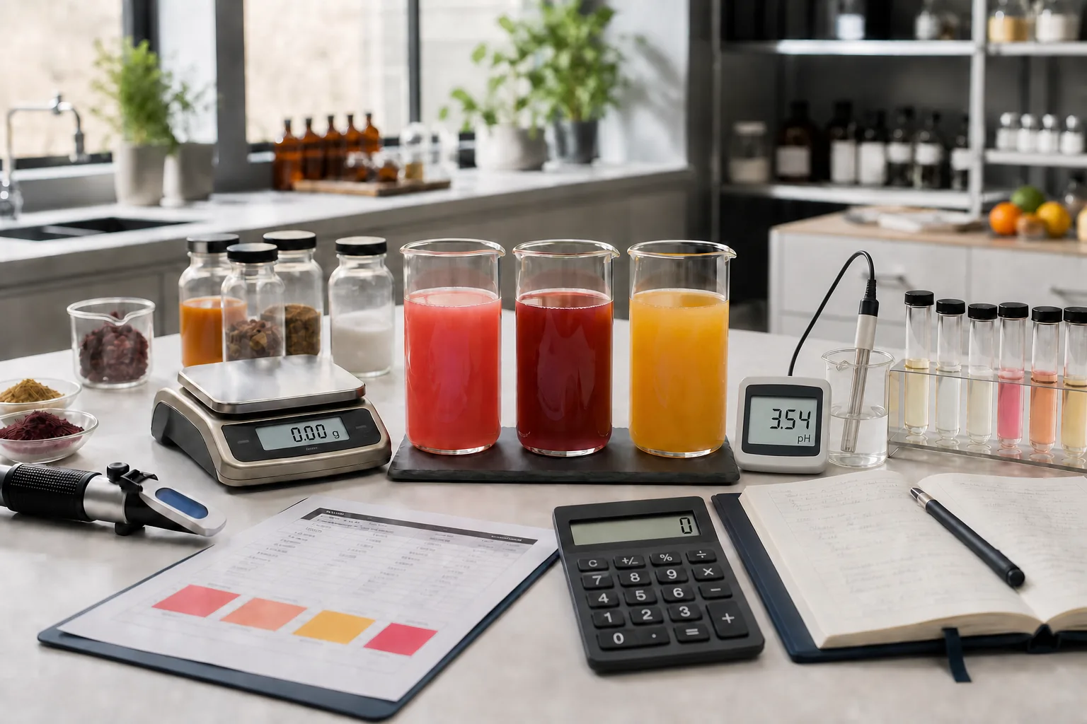 Three beverage formulation samples on a professional lab bench with a precision scale, pH meter reading 3.54, refractometer, calculator, and batch-development records.