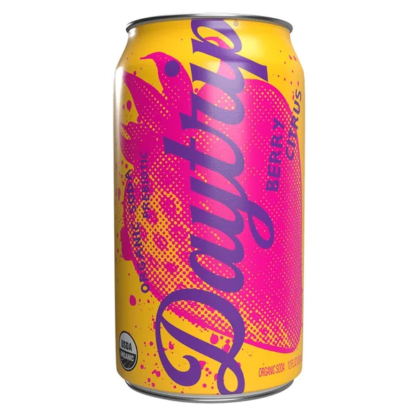 Daytrip organic prebiotic soda, Berry Citrus flavor, in a twelve ounce can.