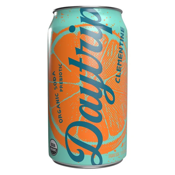 Daytrip organic prebiotic soda, Clementine flavor, in a twelve ounce can.