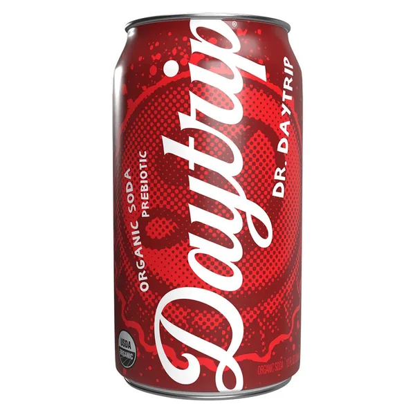 Daytrip organic prebiotic soda, Dr. Daytrip flavor, in a twelve ounce can.