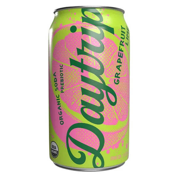 Daytrip organic prebiotic soda, Grapefruit Lime flavor, in a twelve ounce can.