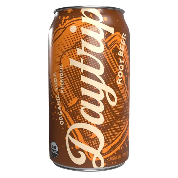 Daytrip organic prebiotic soda, Root Beer flavor, in a twelve ounce can.