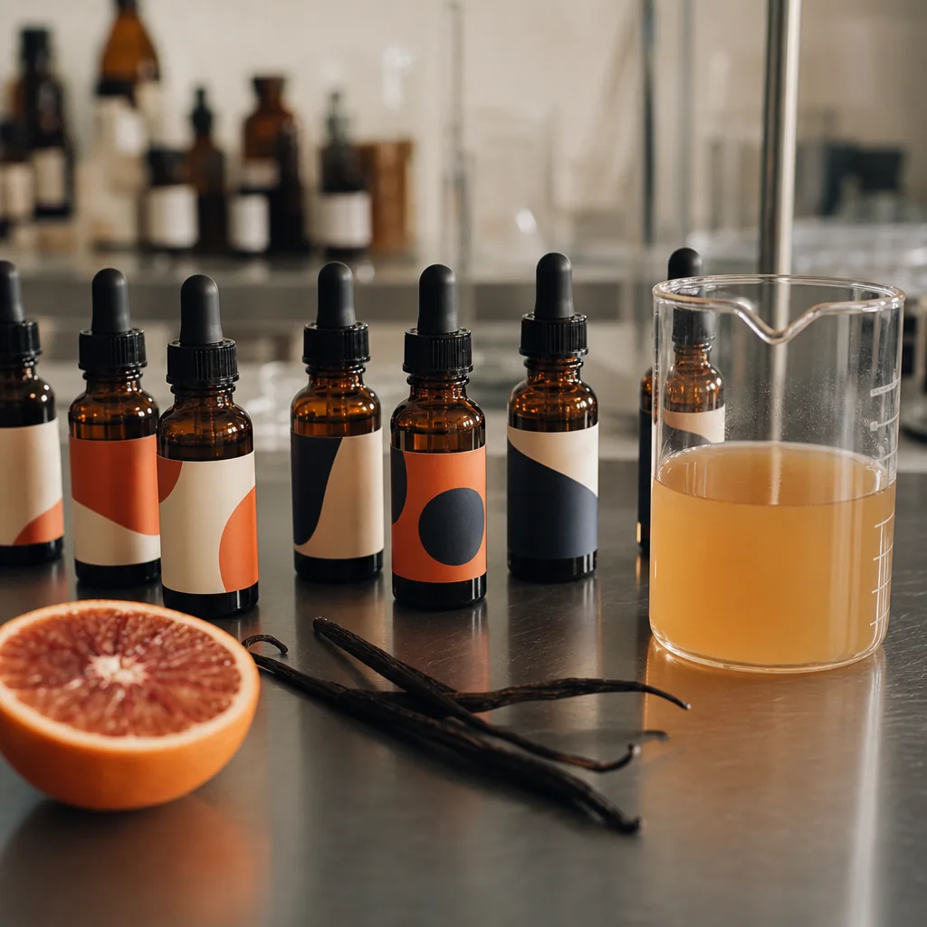 A beverage formulation bench with amber extract and flavoring dropper bottles, vanilla pods, and citrus beside a beaker of beverage.