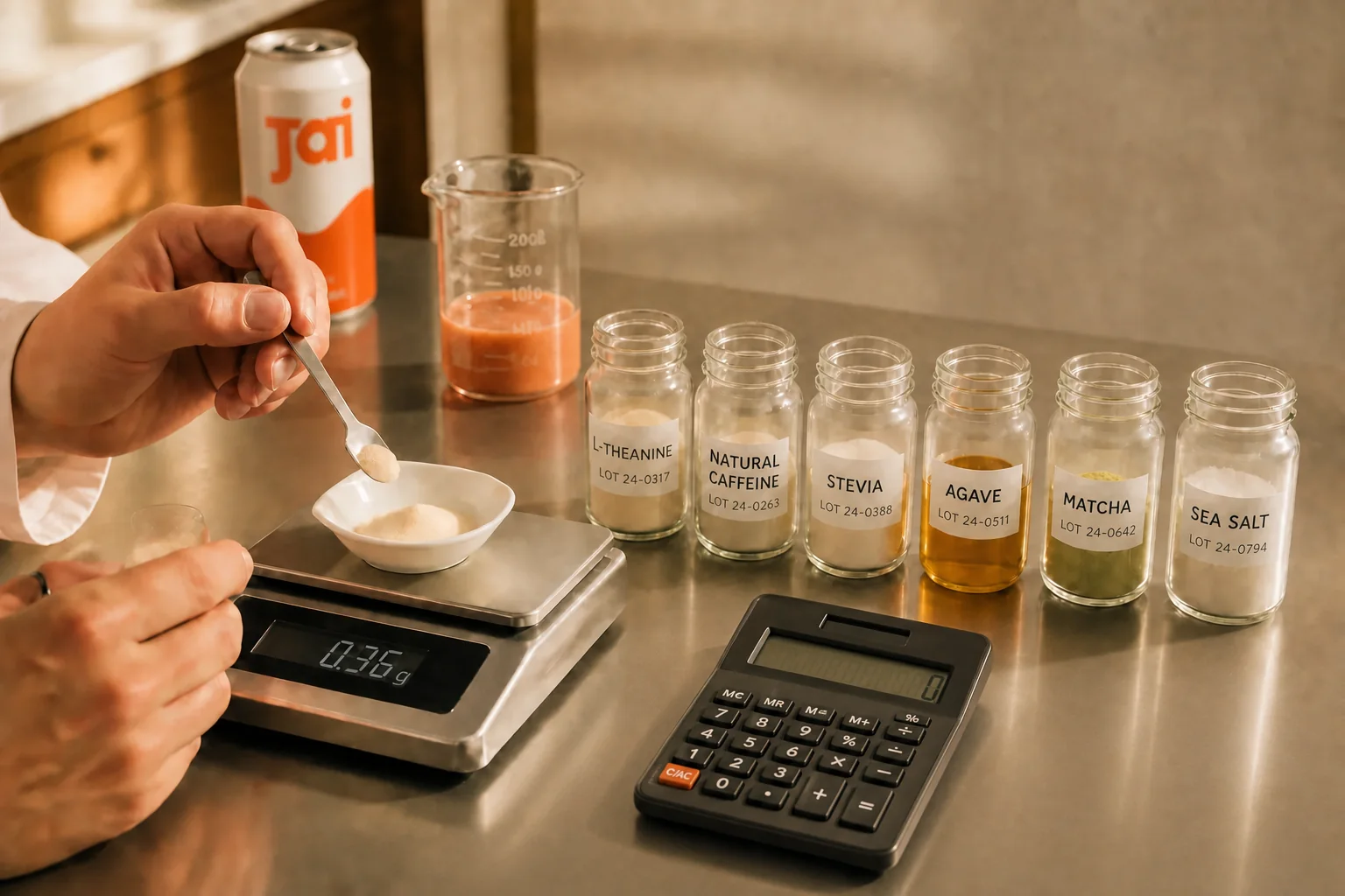 Editorial photograph of a JAI formulation lab session in progress: hands using a digital lab scale to measure a powder ingredient onto a weighing dish, with six labeled commercial sample bottles in a row (L-theanine, natural caffeine, stevia, agave, matcha, sea salt), a desk calculator, a beaker of coral liquid, and a JAI-branded aluminum can in the background