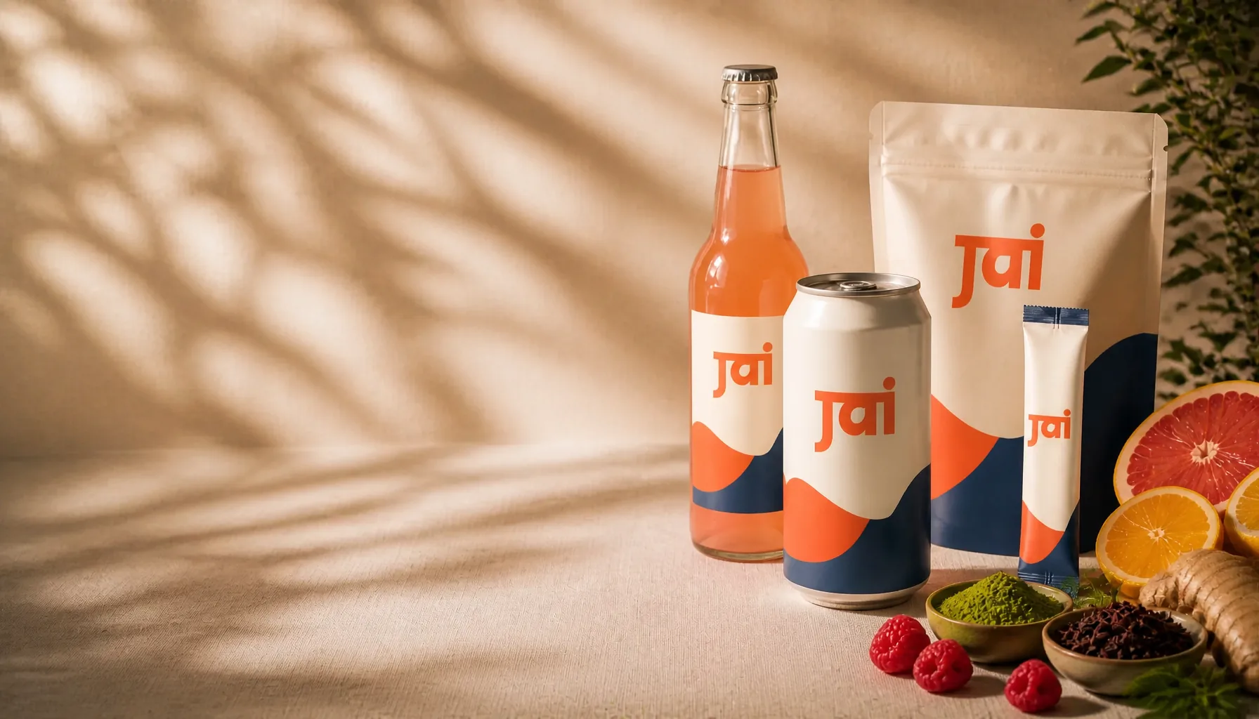 A JAI-branded aluminum can featured on a cream linen surface, with a sleek can, a coral soda bottle, and fresh ingredients clustered to the right