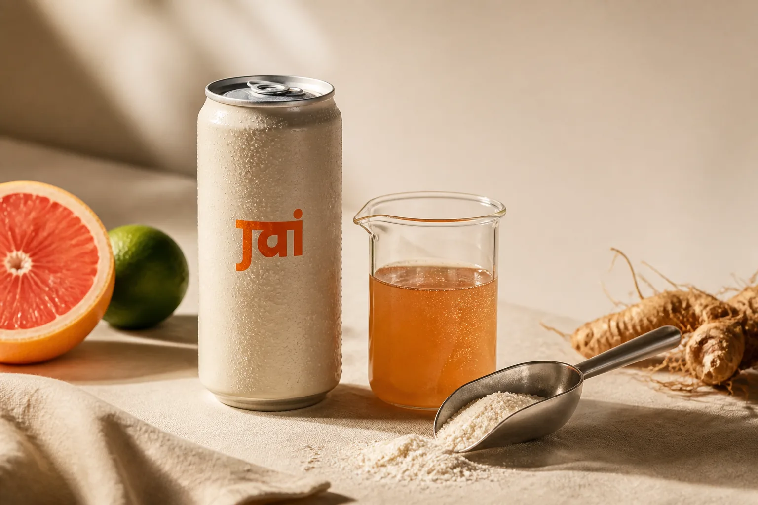 A prebiotic soda formulation bench with a canned soda, a beaker of amber liquid, a scoop of prebiotic fiber powder, and fresh citrus arranged on a cream surface.
