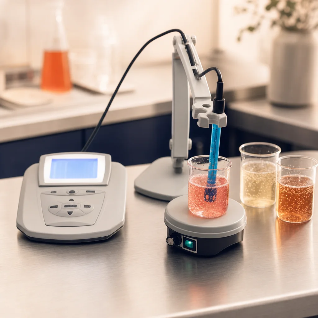A benchtop digital pH meter on a stainless steel formulation bench, its electrode probe dipped into a beaker of coral soda on a magnetic stir plate, with beakers of pale-gold and amber beverages alongside.