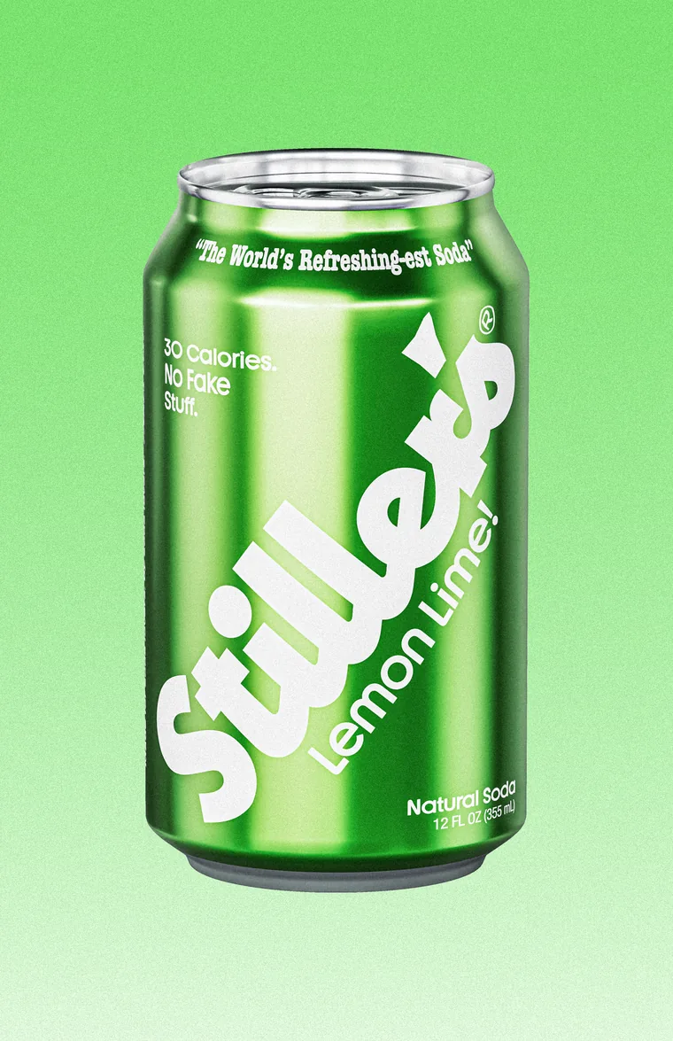 A green Stiller's Lemon-Lime soda can reading 30 calories, no fake stuff.