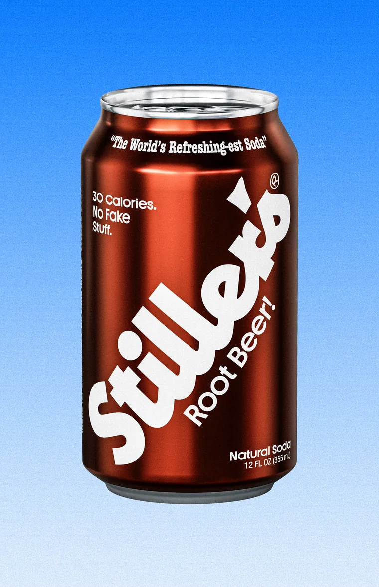 A dark red Stiller's Root Beer soda can reading 30 calories, no fake stuff.