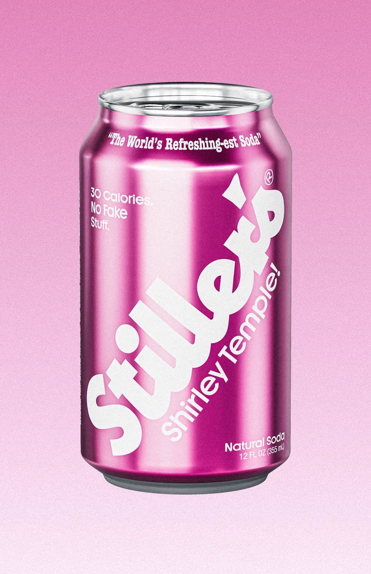 A pink Stiller's Shirley Temple soda can reading 30 calories, no fake stuff.