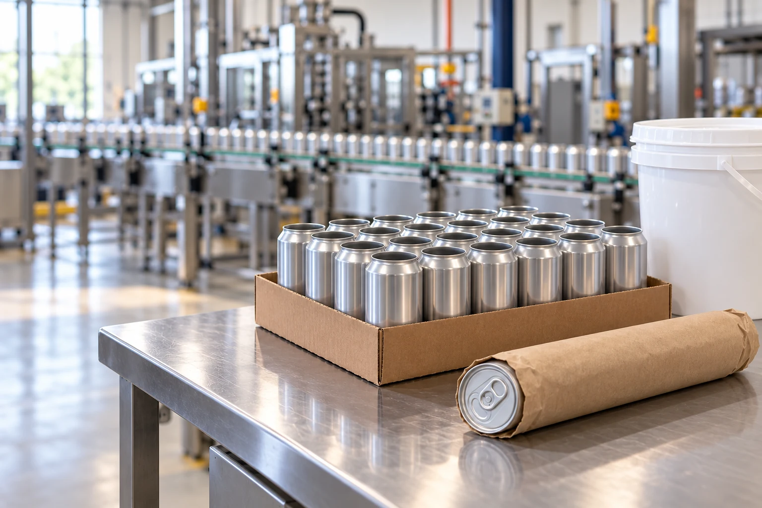 A 24-count tray of empty aluminum cans, can ends in a kraft paper sleeve, and a sealed ingredient pail on a stainless bench beside a beverage canning line.